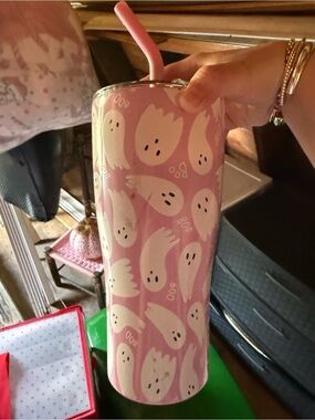 Pink Ghost Pattern Stainless Steel Tumbler with Straw